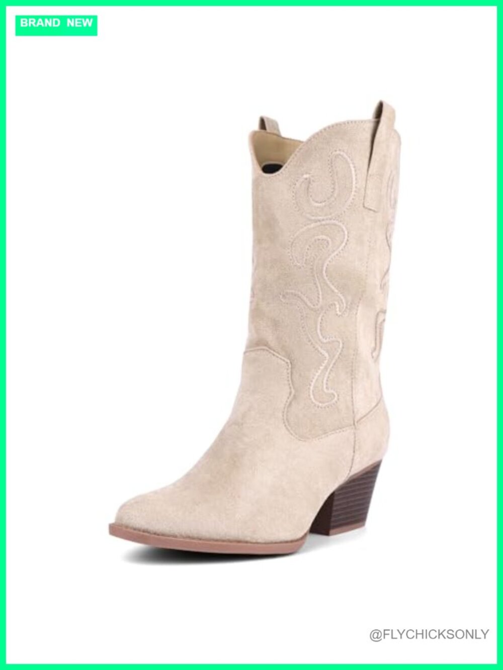 Faux Suede Cowboy Boots Mid Calf Western Embroidered Block Heel